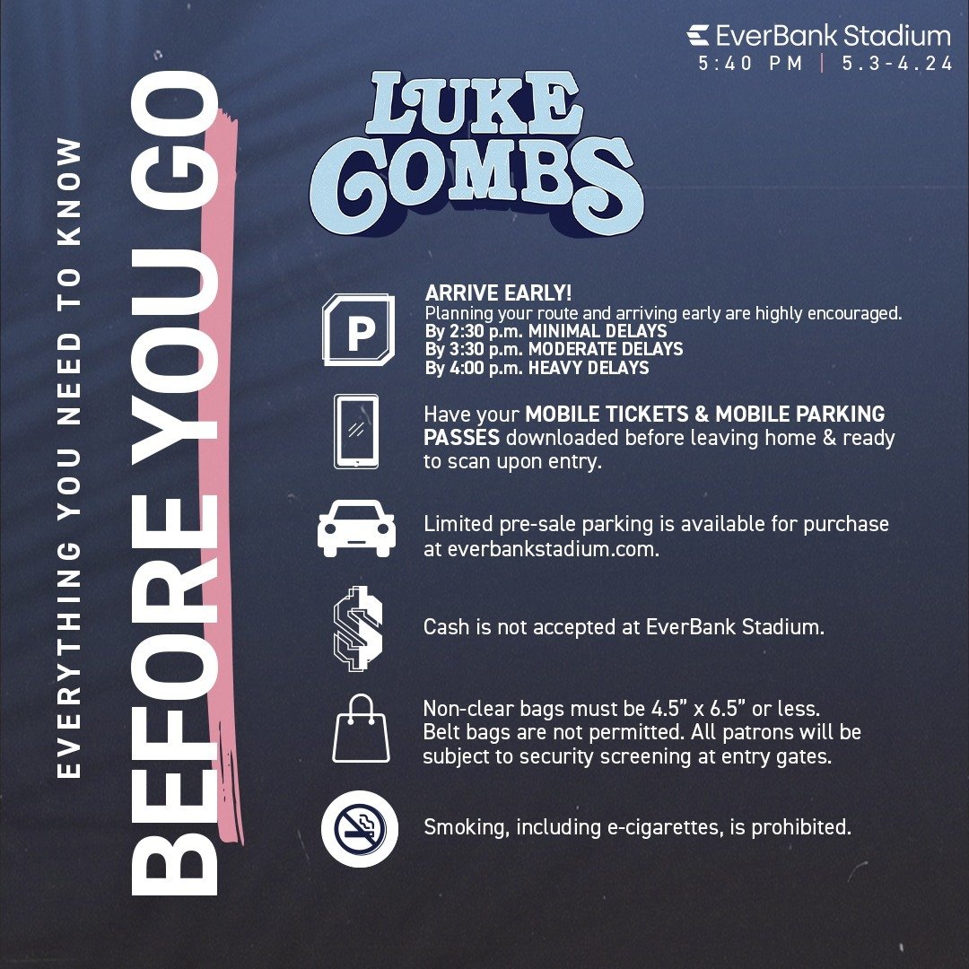 Bootleggers 🤠 Are you ready for @LukeCombs at EverBank Stadium this Friday &amp; Saturday?!

Everything you need to know before you go below: 
 &bull; 1:00 p.m. Parking Lots Open
 &bull; 3:00 - 5:30 p.m. Bootleggers Tailgate (Saturday Only)
 &bull; 