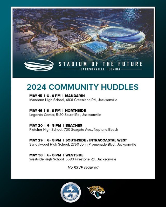 Learn more about the latest developments of the Stadium of the Future at the Community Huddles taking place around Jacksonville!