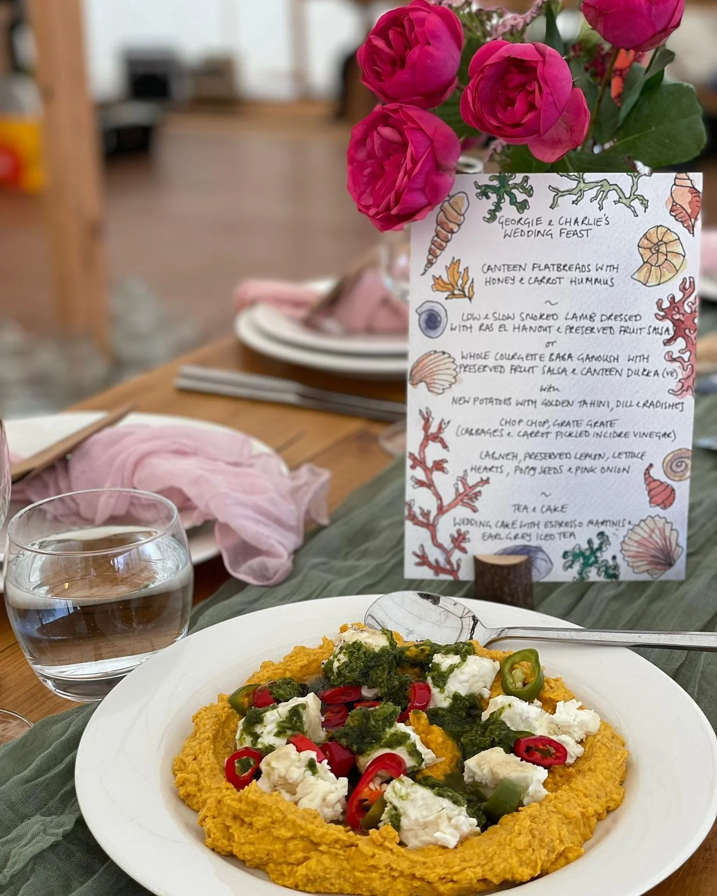 Georgie & Charlie 
Nibbles
-Smoked chicken chipotle adobo, soft flour tacos with classic garnish
-Crudo of white fish with chilli, peach and lime 
-Smoked aubergine, ancho mole, fresh coriander, onion and lime
Starter
-Canteen flatbreads with h