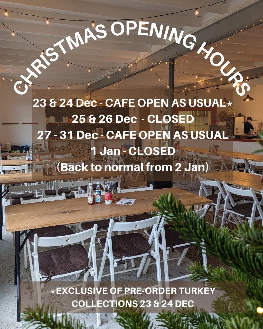We're keeping our doors open this Christmas, so treat us as your home from home and let us doing the washing up for a change.

The team are going to be keeping the energy going in the cafe between Christmas and New Year to serve as a turkey and mince