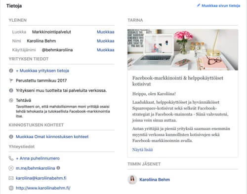 Facebook-sivun Tietoa-osio kannattaa täyttää huolella.