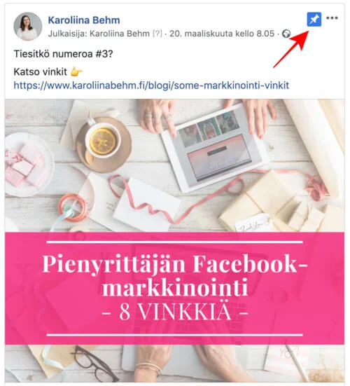 Voit kiinnittää ja poistaa julkaisun kiinnityksen julkaisun ylänurkan valikosta.