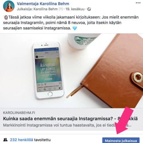 Mainosta julkaisujasi painamalla "Mainosta julkaisua" -painiketta julkaisun alla.