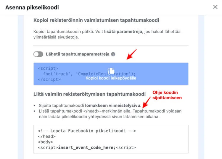 Facebook pikselin asentaminen 2