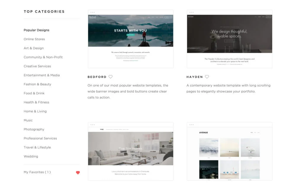 Squarespace -alustalta löytyy paljon tyylikkäitä sivupohjia, joita voi muokata edelleen oman yrityksen ilmeeseen sopivaksi.
