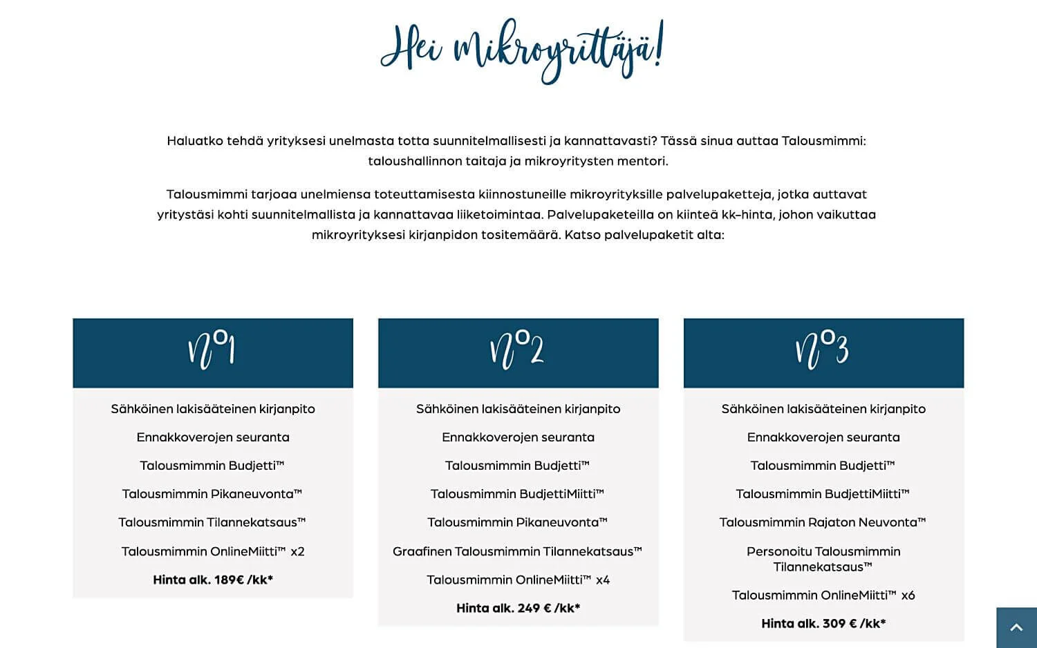 Palvelupaketit on esitelty selkeästi hintoineen