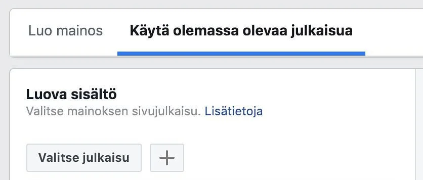 Voit luoda Facebook-mainoksen Facebook-sivun julkaisusta.