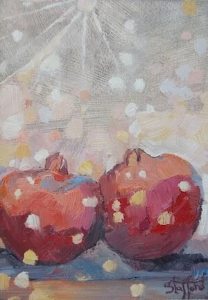 snow falling on pomegranates, oil on paper, 5" x 7"