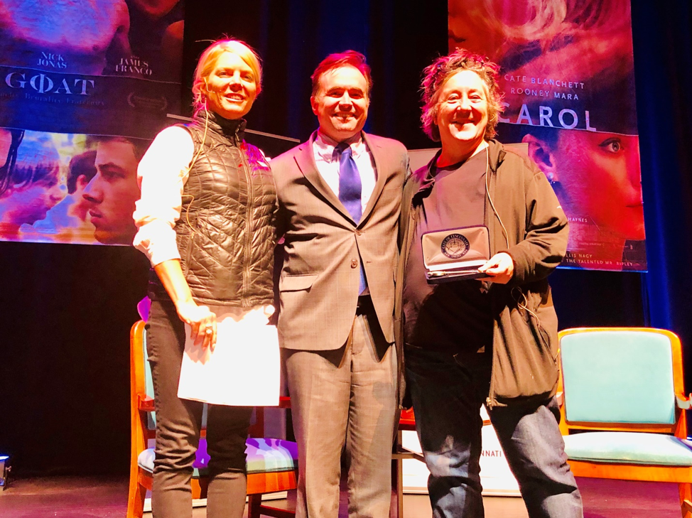 Mayor John Cranley presents Christine Vachon (at right) before last evening’s event. Film Cincinnati executive director Kristen Schlotman moderated the panel.