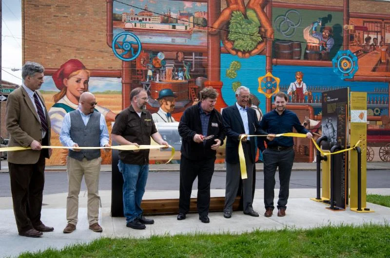 Official Ribbon Cutting of the Brewing Heritage Trail (L to R): John Hauck, Donor to the Brewing Heritage Trail; Michael Morgan, Curator of the Brewing Heritage Trail; Steve Hampton, Executive Director of the Brewery District; Greg Hardman, President & CEO, Christian Moerlein Brewing Co.; Bill Weyand, Donor to the Brewing Heritage Trail and Albert Vontz IV, Donor to the Brewing Heritage Trail