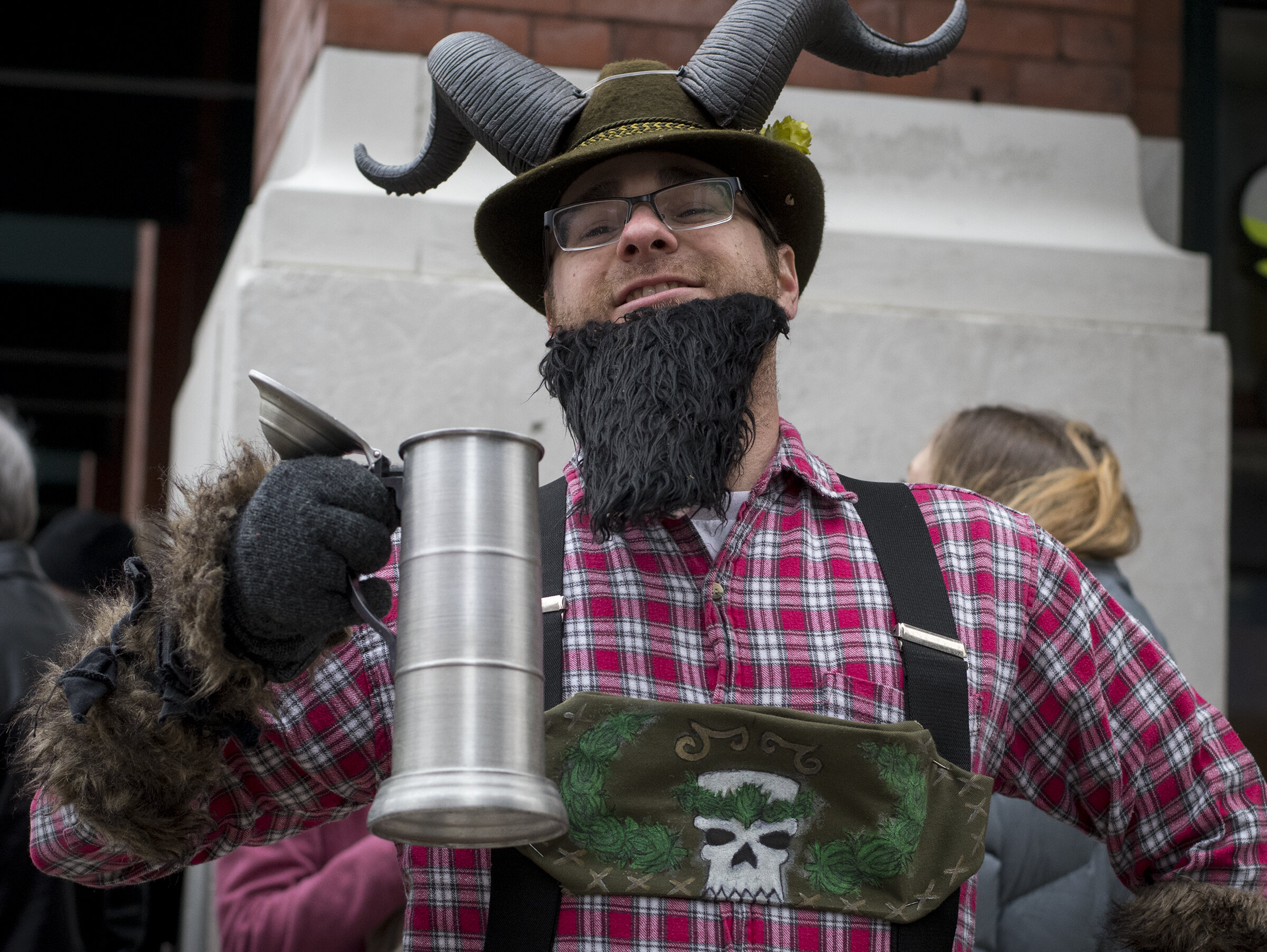  Kyle McCabe of Oakley gets ready to walk in the annual Bockfest parade through the streets of Over-the-Rhine . This event kicks off the three-day bock beer event at Christian Moerlein Brewing Friday, March 1, 2019 in Cincinnati, Ohio. 