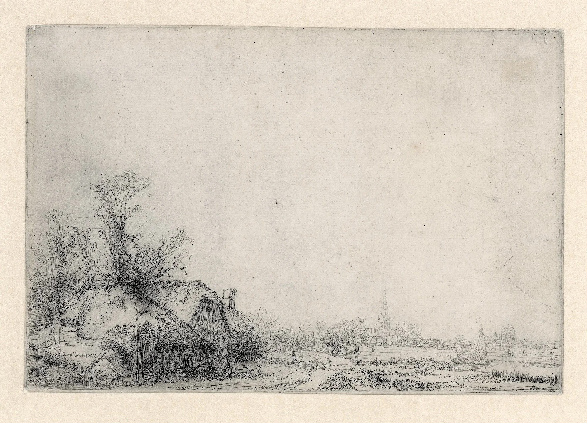 Rembrandt van Rijn (Dutch, 1606–1669), “Farmhouses Beside a Canal,” about 1645, etching, 5 1/2 x 8 1/8 in. Rembrandt House Museum, Amsterdam 