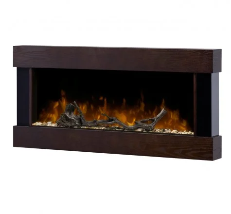 Dimplex Chalet View Full Specs Rustic meets chic with the Chalet wall-mount fireplace. This unit offers a new drift wood and river rock interior . The unique look is continued with two strong mocha-coloured horizontal components and high polished black metal end caps.