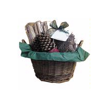 Hearth Basket The adorable basket with wooden handles contains a 1-lb. fat wood bundle, 2 wax-bottom starter cones, and a small bag of aromatic baby-cone potpourri.