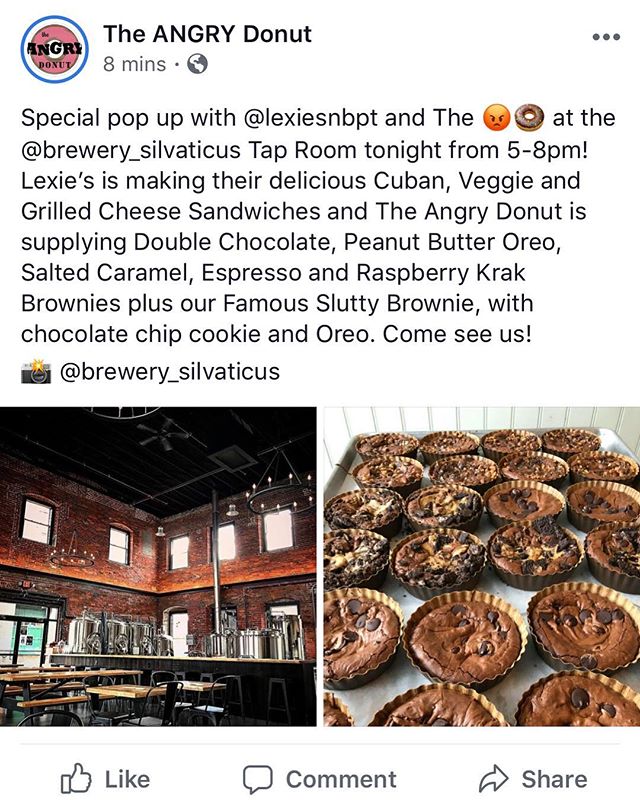 Come join us for a little different bite and a sweet treat tonight! We may not have the Burger Bus or even Burgers, but K.C. makes a mean Cuban (vegetarian included) and we invited our good friend @the_angry_donut to bring some of her killer Krak bro