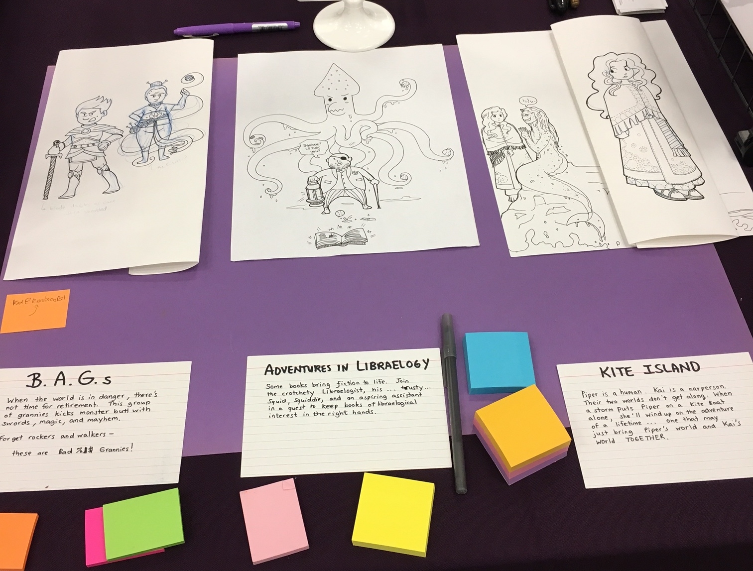 I laid out the experiment with room for people to add their own sticky note for voting. It was tricky to have room for the images, stickies, pitches, and items for sale.