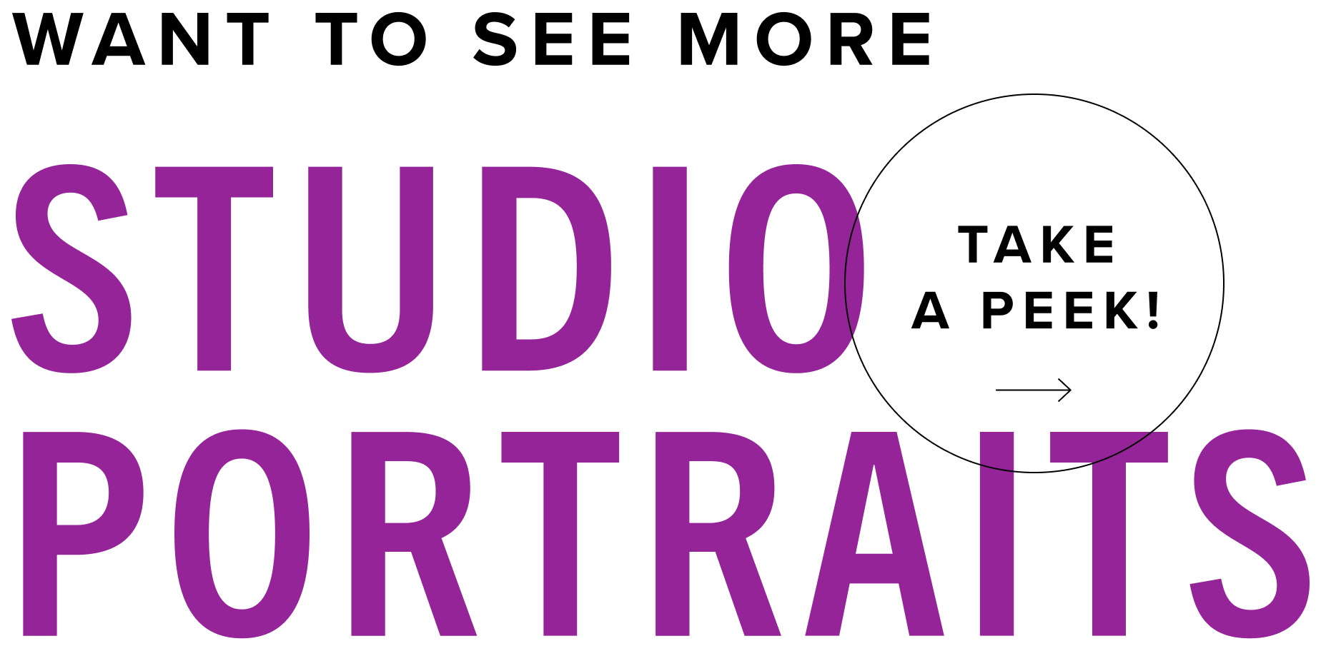 Text reading 'Studio Portraits' in bold purple letters on a black background.