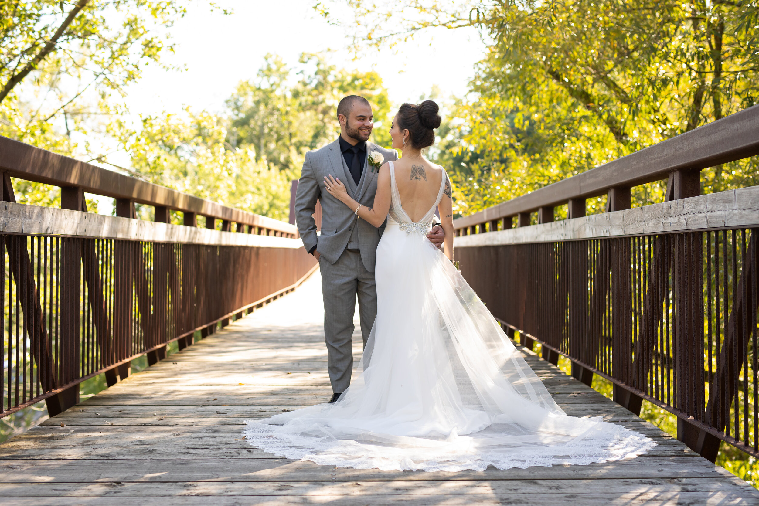 Toronto-Wedding-photographer-Bride-Groom-summer-forest-nature-pickering-tattoo-tattoos-reveal-details-heather-grey-suit-dress-gown
