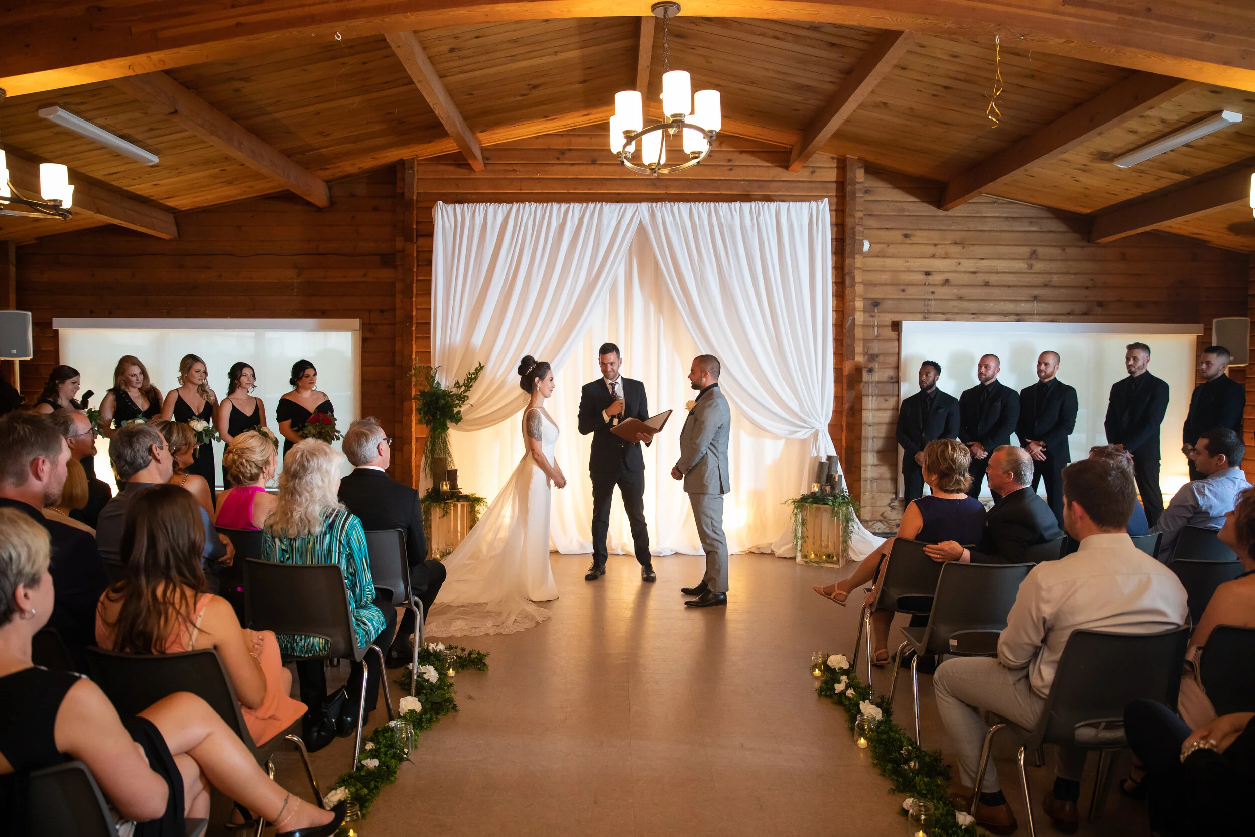 Toronto-Wedding-photographer-Bride-Groom-summer-forest-nature-pickering-tattoo-tattoos-reveal-details-heather-grey-suit-floral-music-sole-power-ceremony
