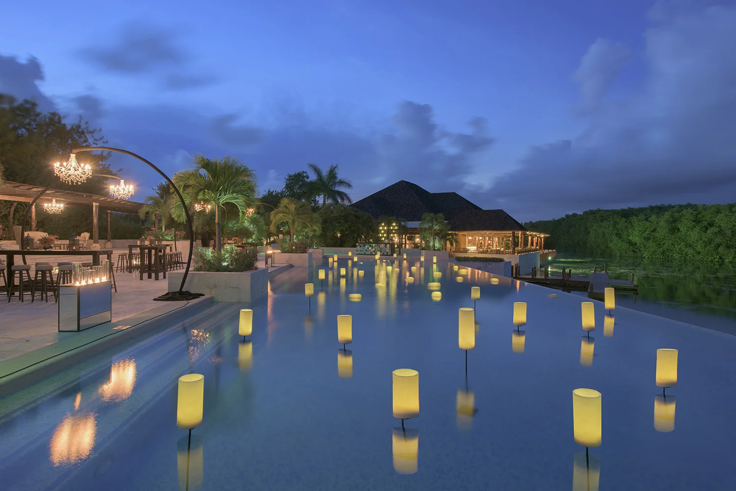 Floating lanterns in pool