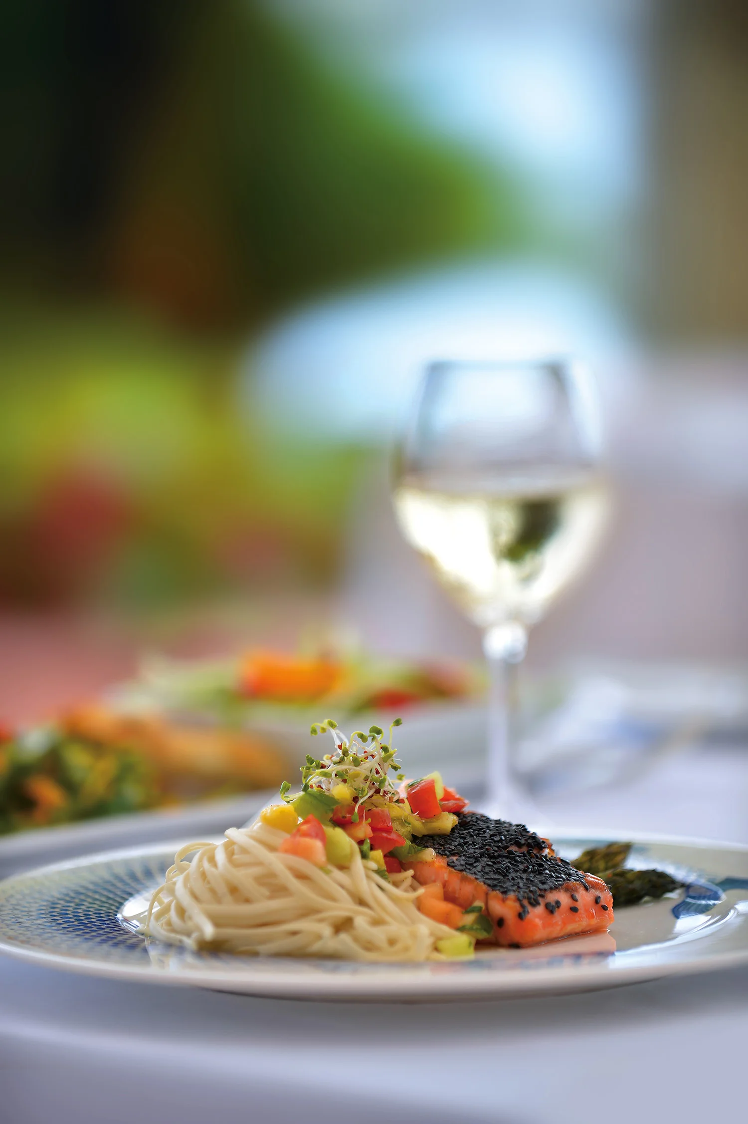 Salmon, pasta dish with white wine