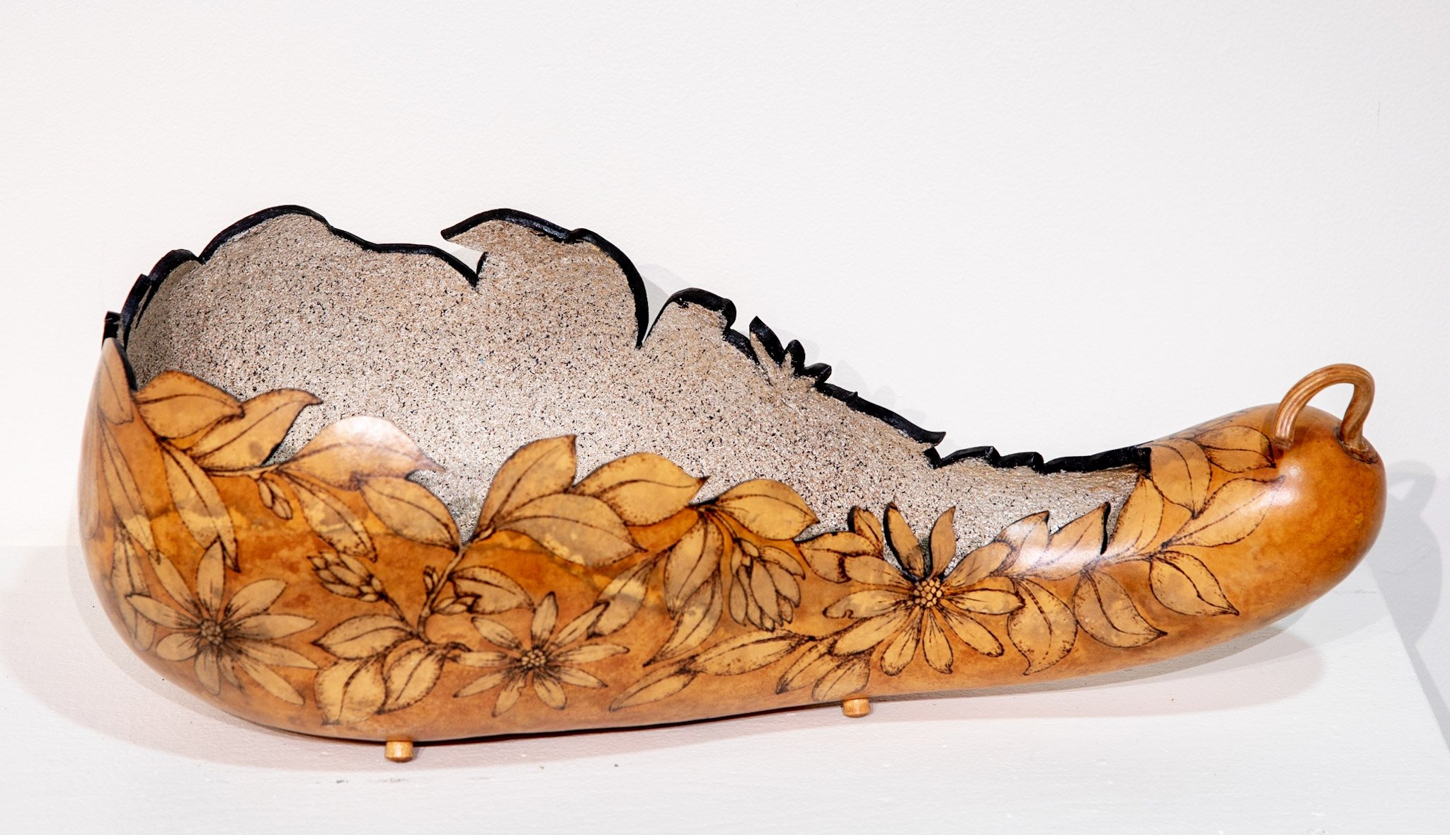 Reetsie Fuller, "Flower Boat," Wood Burned Gourd