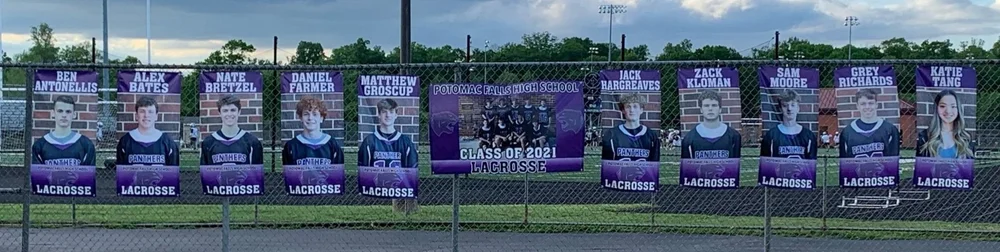 High school lacrosse senior banners displayed side by side