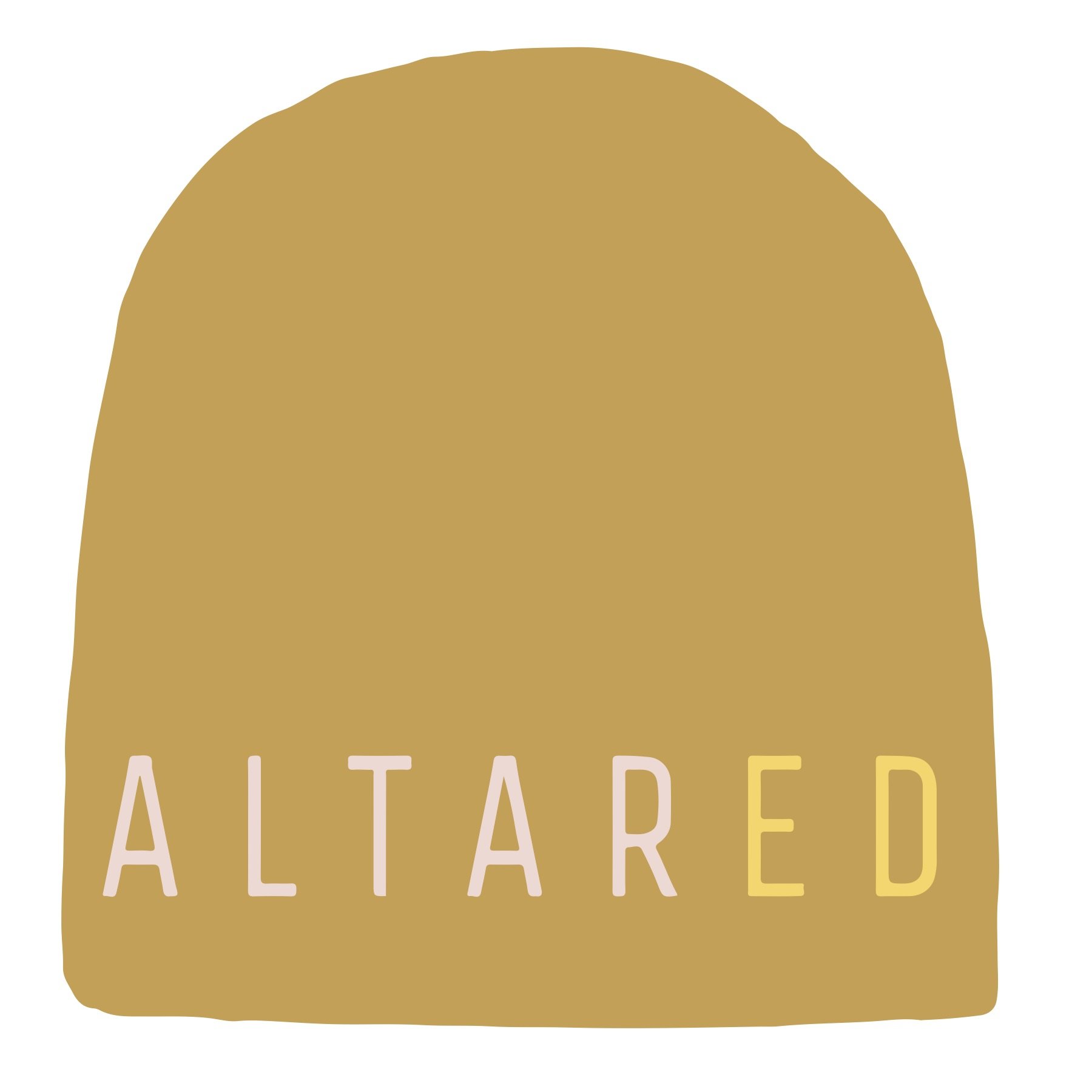 A golden arch with the word "Altared" in pink font.