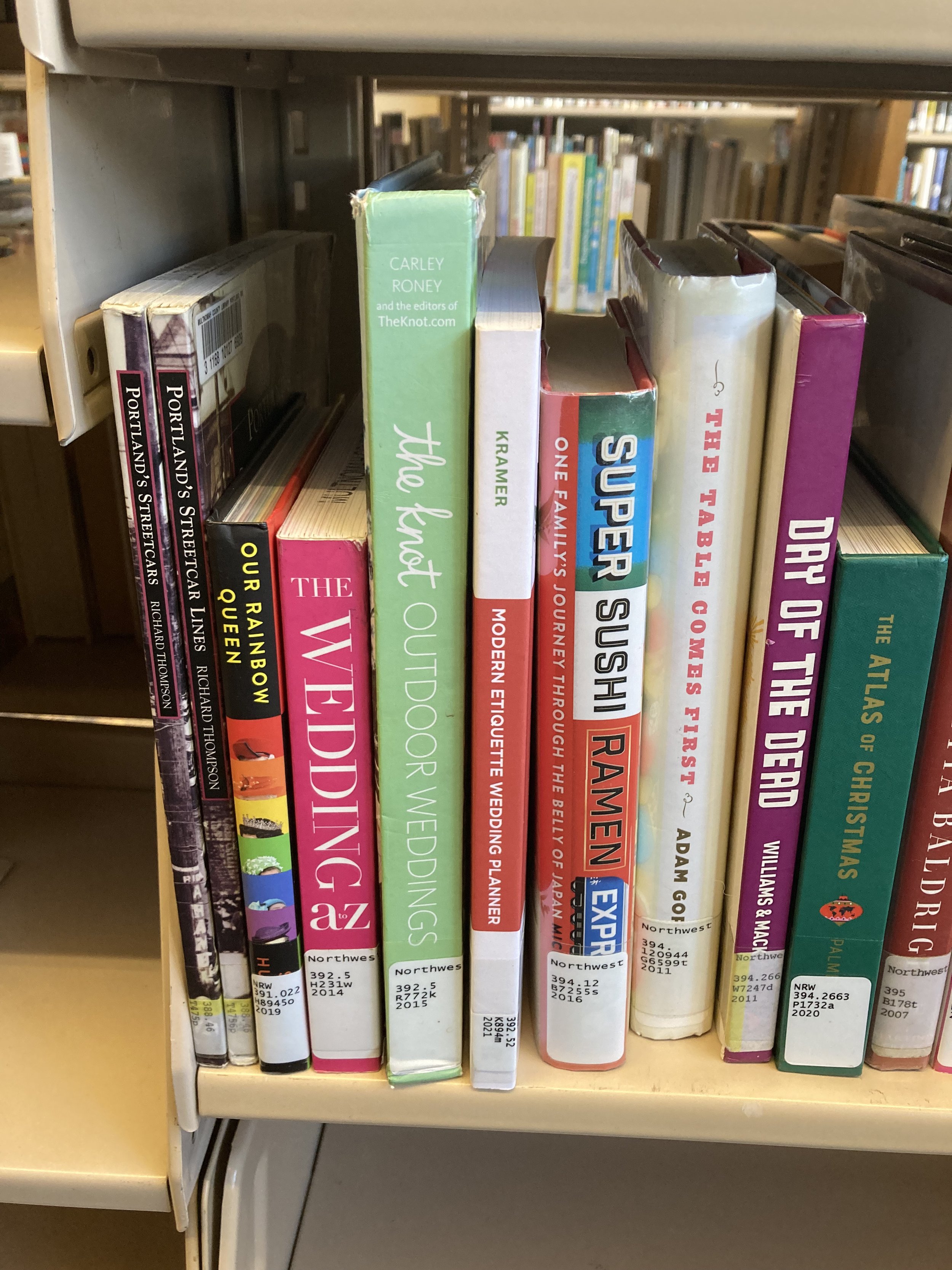 This is a photo of the book "Modern Etiquette Wedding Planner" on a shelf at the library.