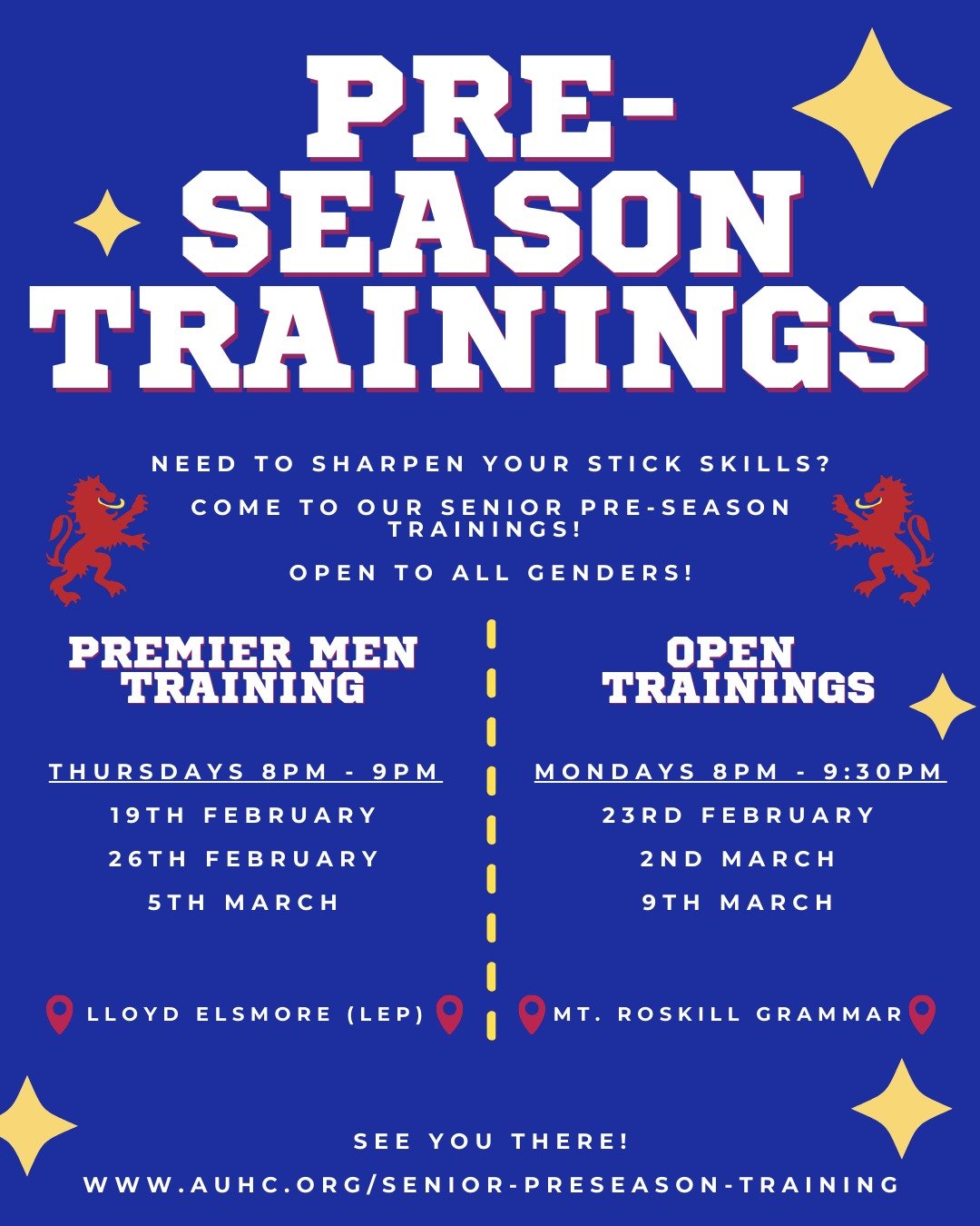 Haven't picked up a stick since before Christmas or since high school? Come sharpen up at our pre-season training. Open trainings are for all genders and skill levels! See you there 💥