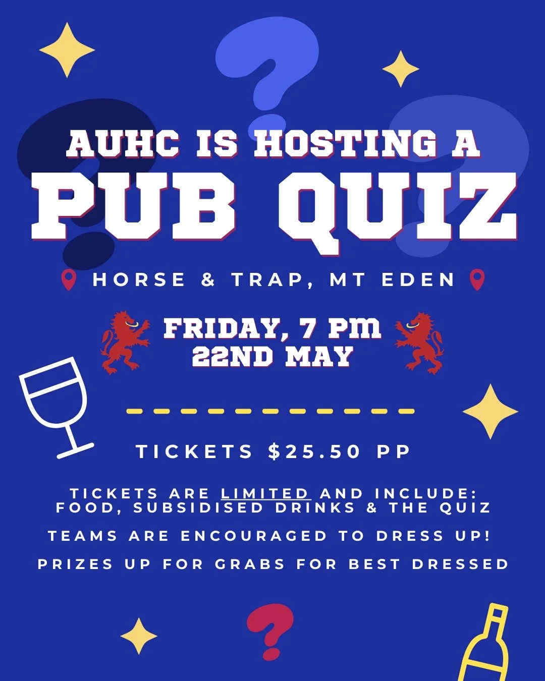 Hey you 🫵🤨 Ticket link is in our bio 🗣️🔗🔗

Do you like pubs? 🍻🍷 Maybe even quizzes? 📜📝 Come to our club pub quiz‼️

📍Horse &amp; Trap, Mt. Eden
🕖🗓️7 pm, 22nd May
🎟️ $25.50 PP