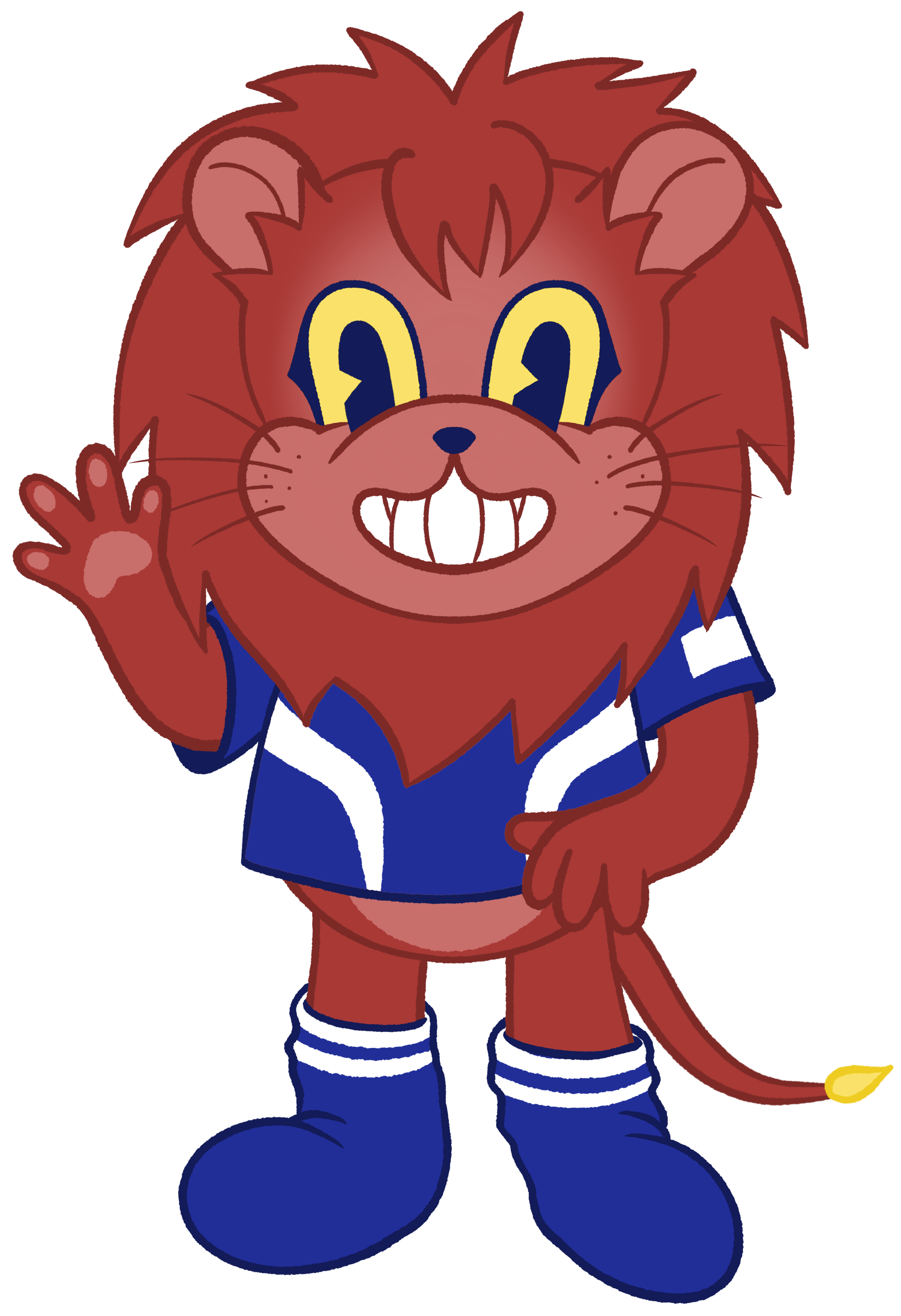 Cartoon lion character with a red mane, yellow eyes, and a big smile, waving and wearing a blue sports jersey with white accents and matching blue socks and shoes.