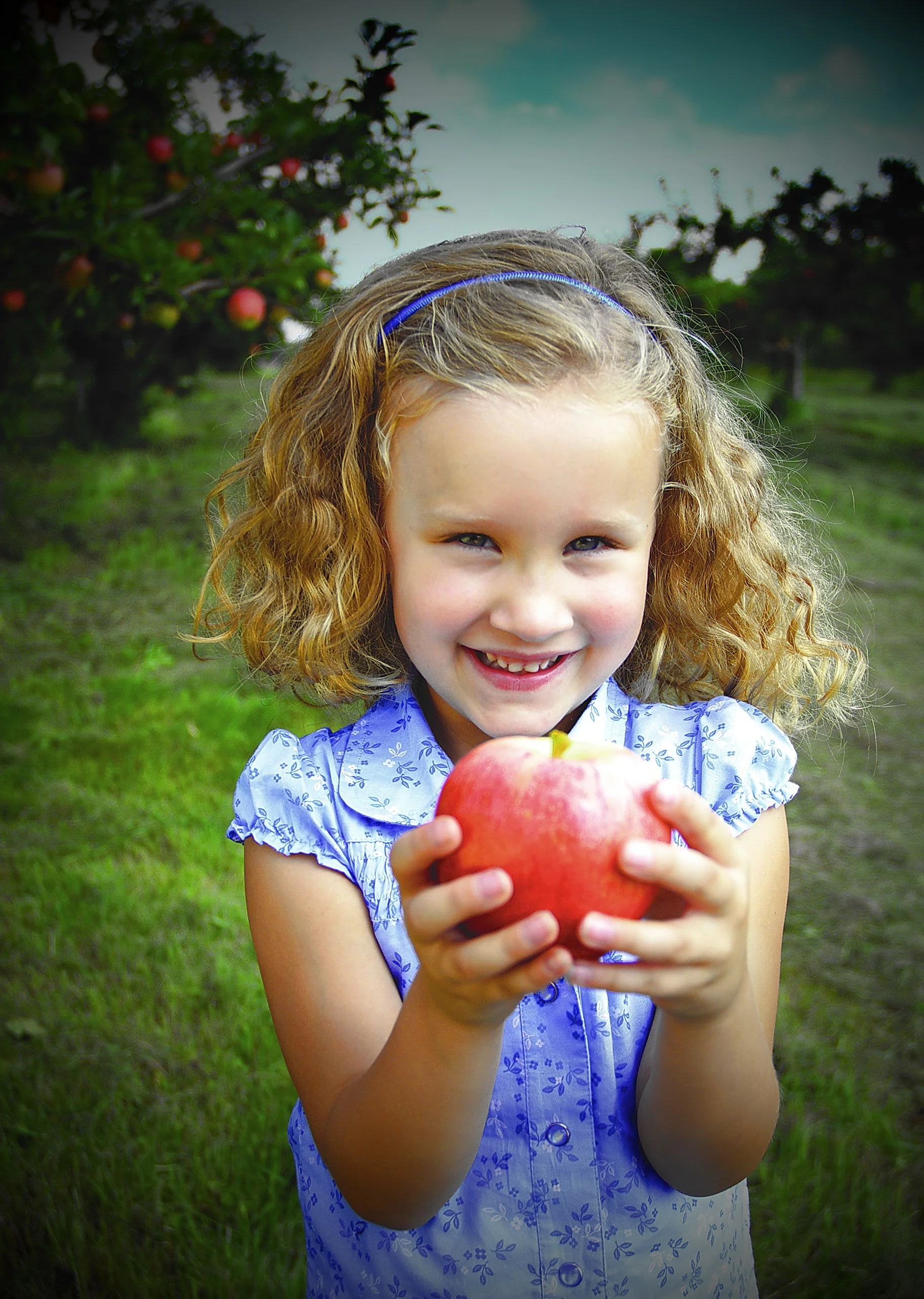 A girl holds a fresh apple while picking fruit at an Iowa orchard.