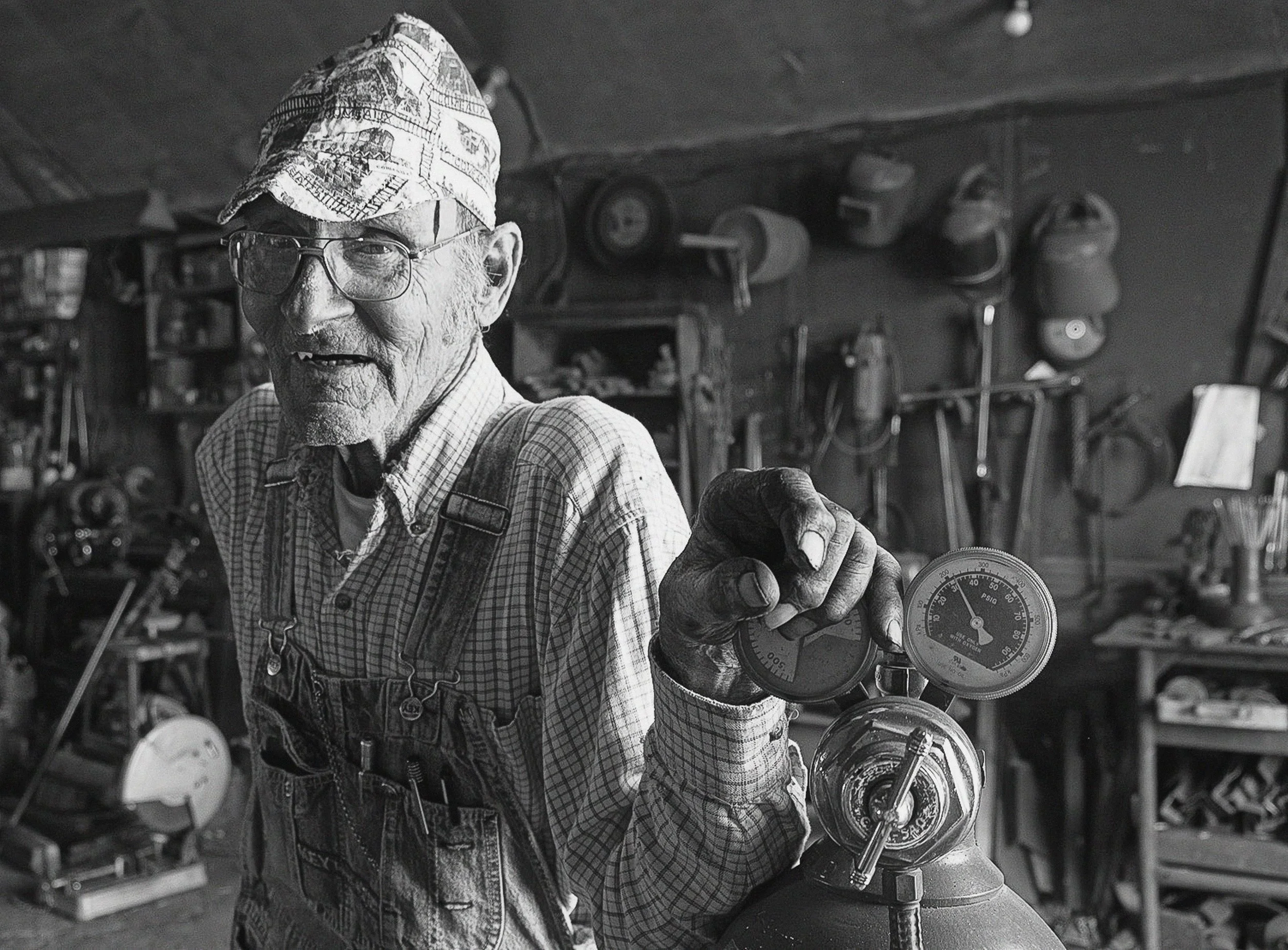 Hartford Cooper pauses for a portrait in his rural welding shop.