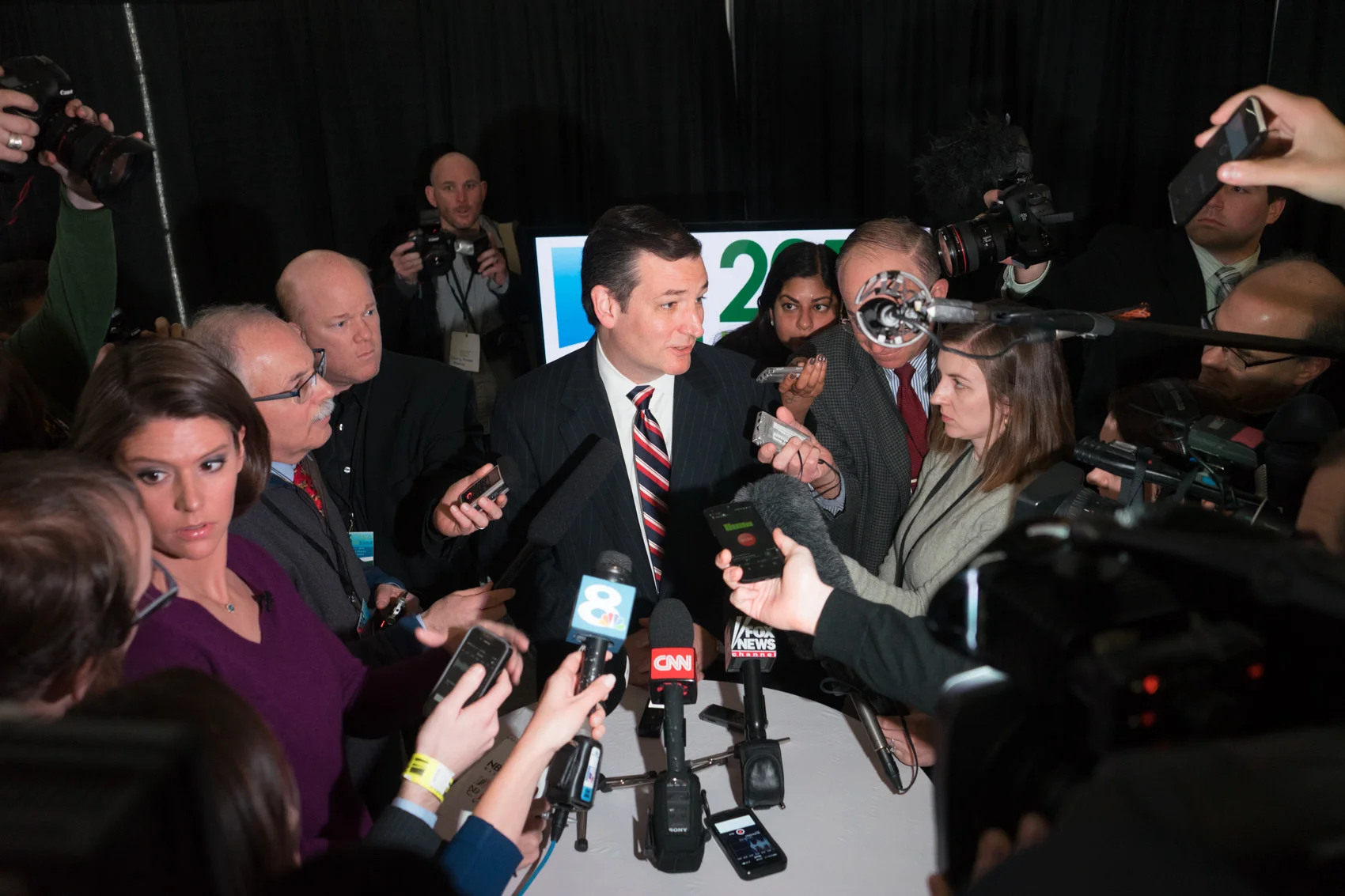 Senator Ted Cruz answers questions from a group of national journalists after his appearance at the Iowa Ag Summit. (Photo: Joseph L. Murphy)