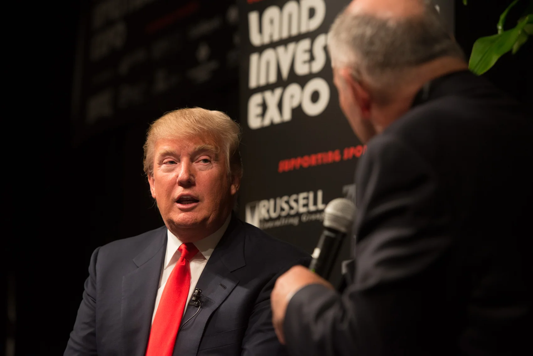 Donald Trump is interviewed by Ken Root during his appearance at the Land Investment Expo in West Des Moines. (Photo: Joseph L. Murphy)