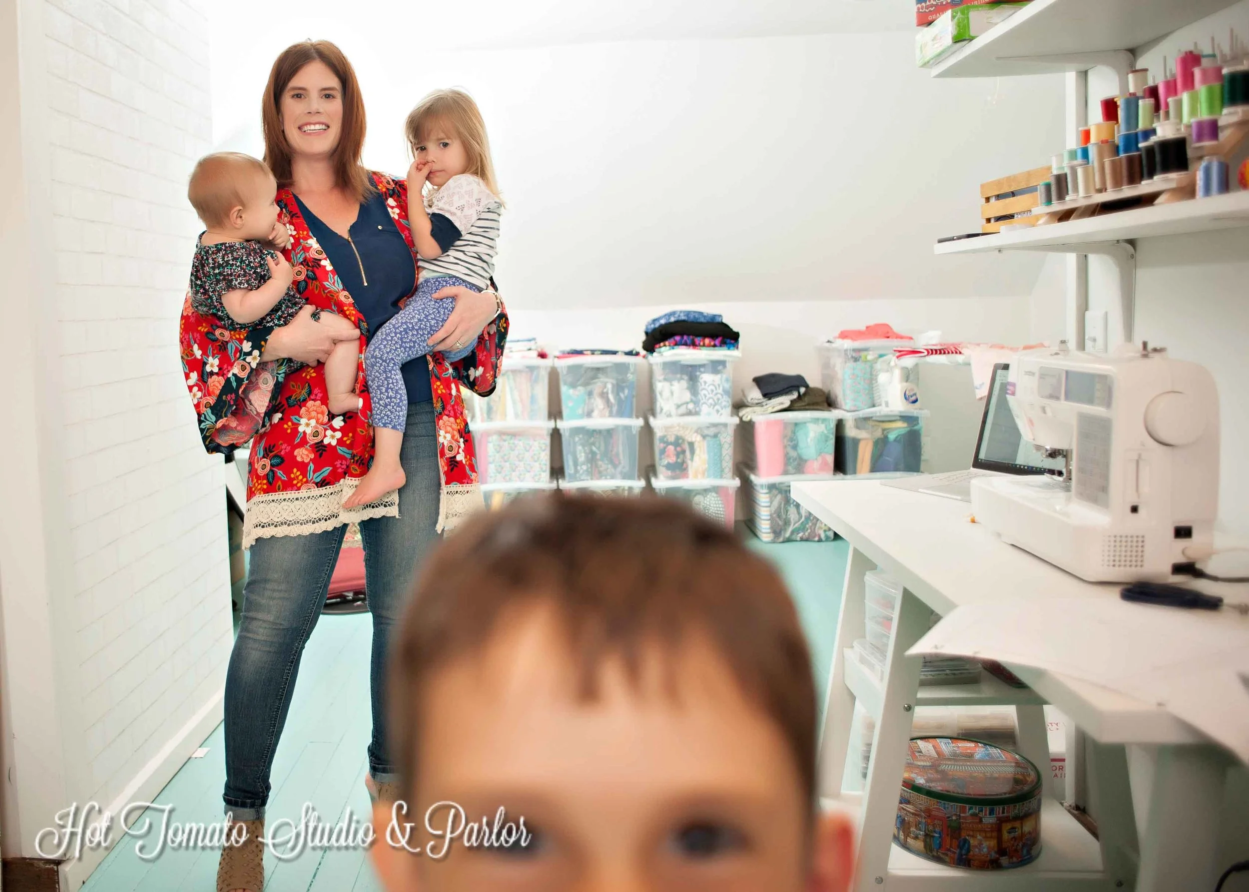 Each of the kids wore one mama-made item and they are mismatched and barefoot because kids.