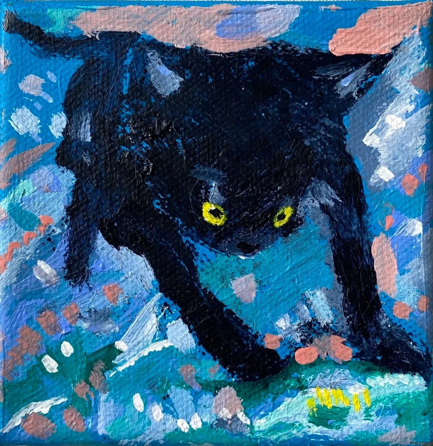 Original Mini Paintings of The Black Cat Collection in 4×4 inch canvas. Hand-made acrylic paintings by Gratian inspired by our amazingly wild Deo The Cat