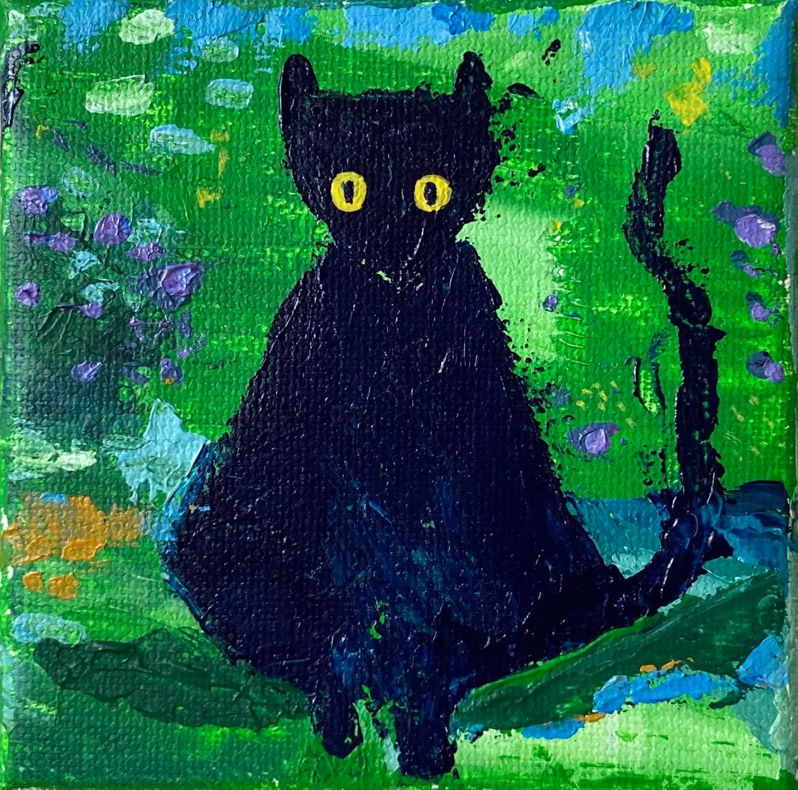 Original Mini Paintings of The Black Cat Collection in 4×4 inch canvas. Hand-made acrylic paintings by Gratian inspired by our amazingly wild Deo The Cat