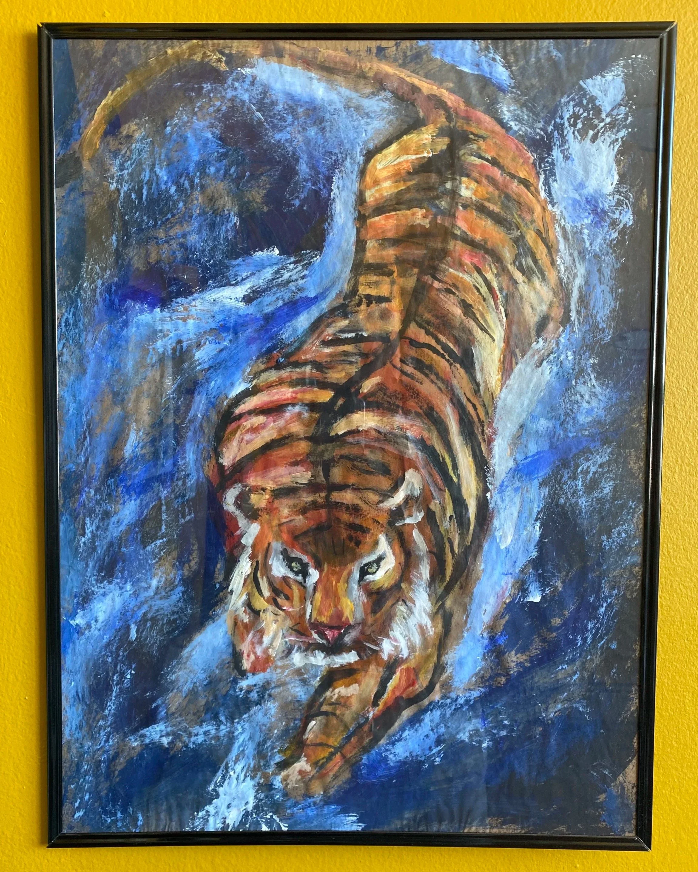Mountain Tiger, acrylic on craft paper in frame, 18"x24", 2017.