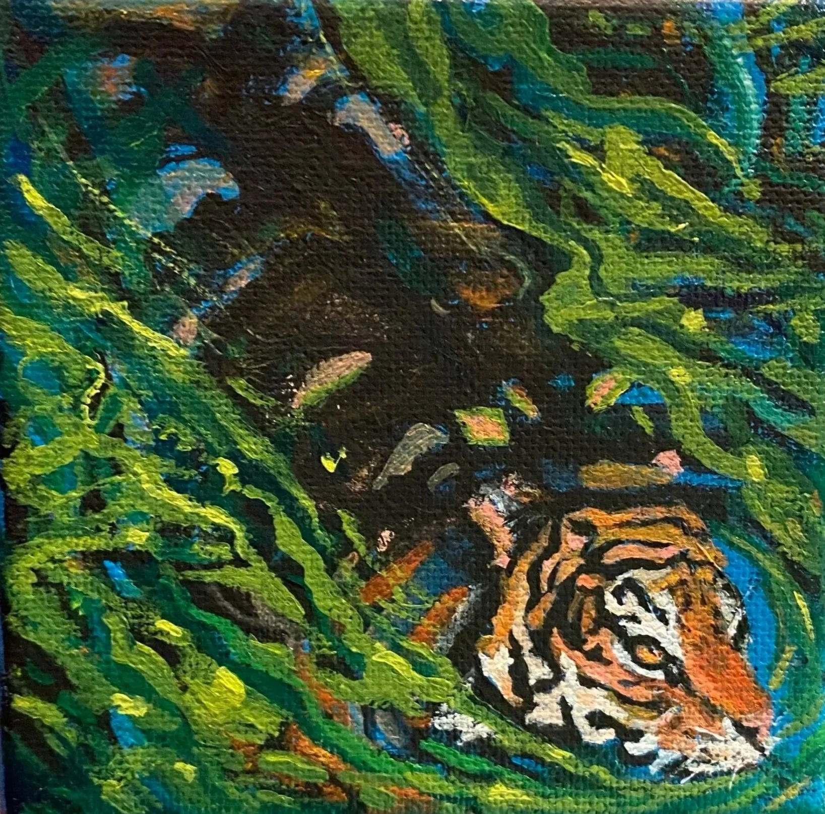 Swimming Tiger, acrylic on canvas, 4"x4", 2025.