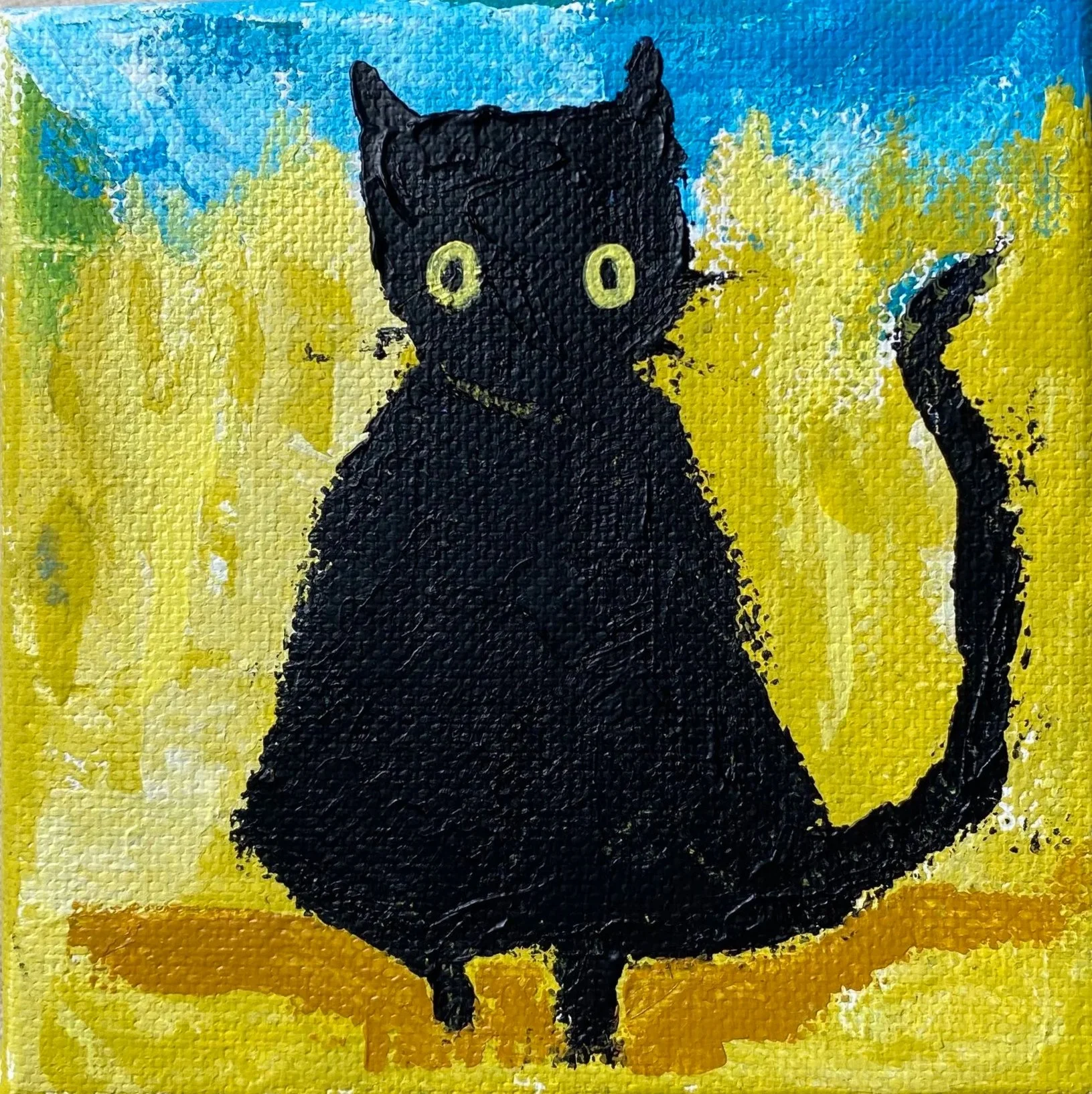 Original Mini Paintings of The Black Cat Collection in 4×4 inch canvas. Hand-made acrylic paintings by Gratian inspired by our amazingly wild Deo The Cat