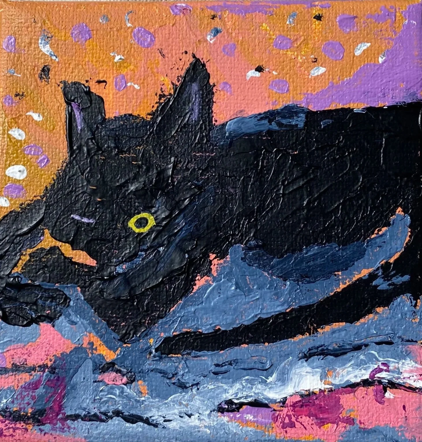 Original Mini Paintings of The Black Cat Collection in 4×4 inch canvas. Hand-made acrylic paintings by Gratian inspired by our amazingly wild Deo The Cat