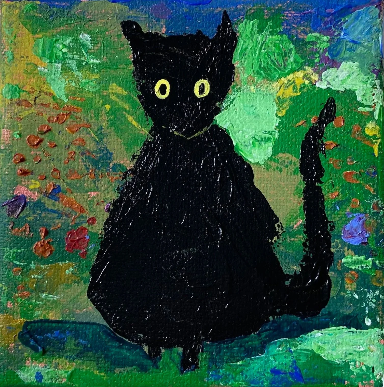 Original Mini Paintings of The Black Cat Collection in 4×4 inch canvas. Hand-made acrylic paintings by Gratian inspired by our amazingly wild Deo The Cat