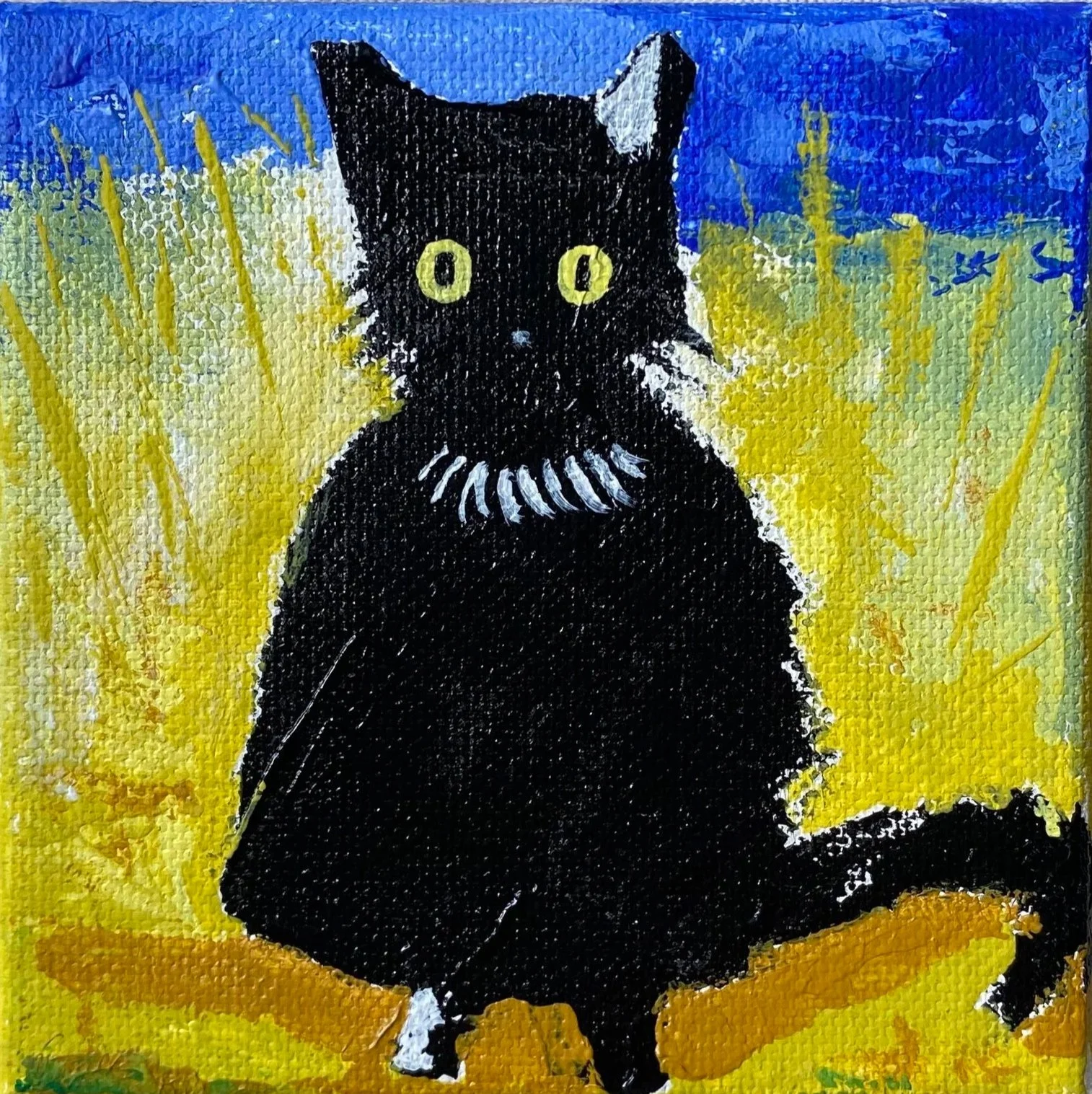 Original Mini Paintings of The Black Cat Collection in 4×4 inch canvas. Hand-made acrylic paintings by Gratian inspired by our amazingly wild Deo The Cat
