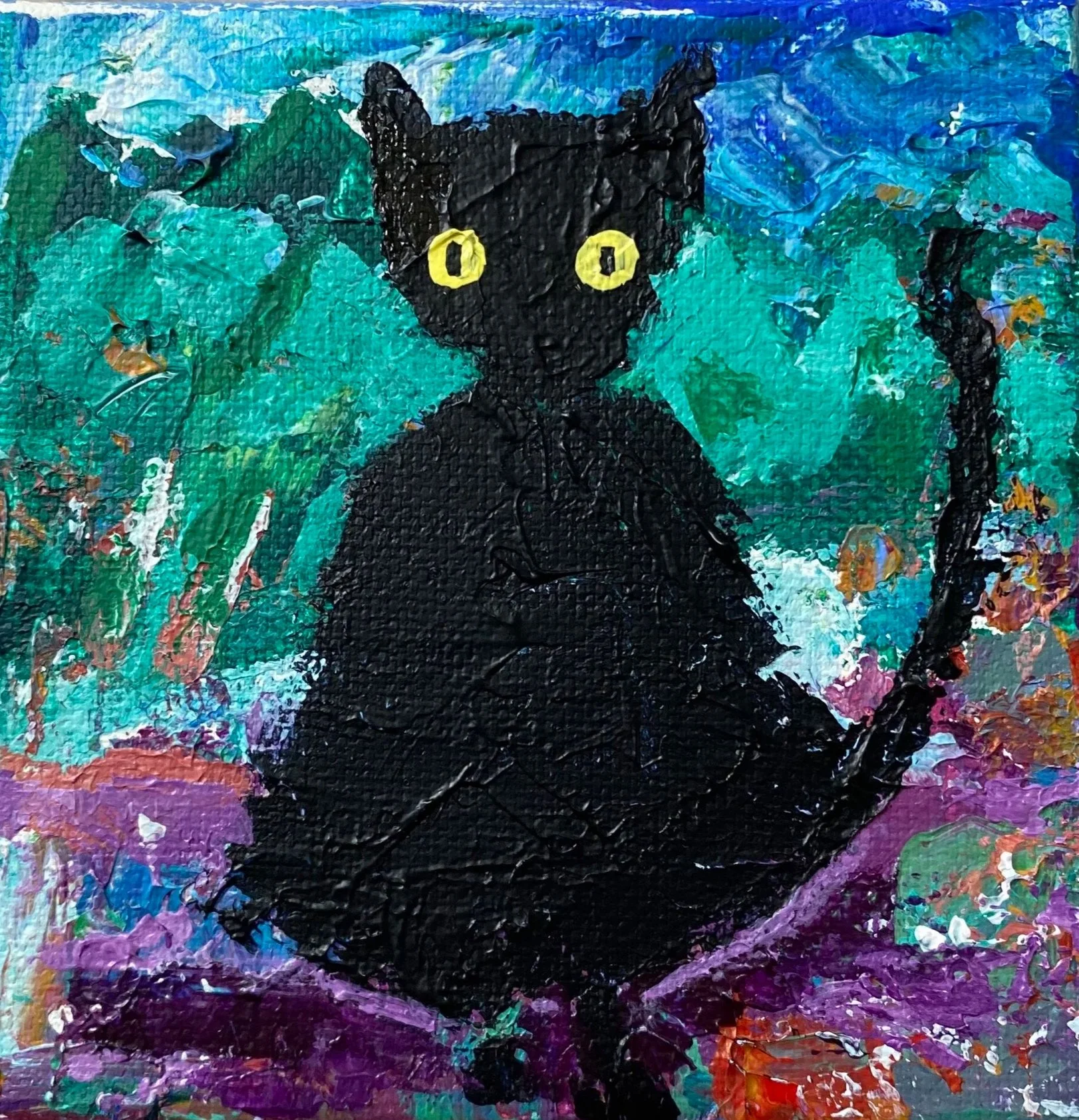 Original Mini Paintings of The Black Cat Collection in 4×4 inch canvas. Hand-made acrylic paintings by Gratian inspired by our amazingly wild Deo The Cat