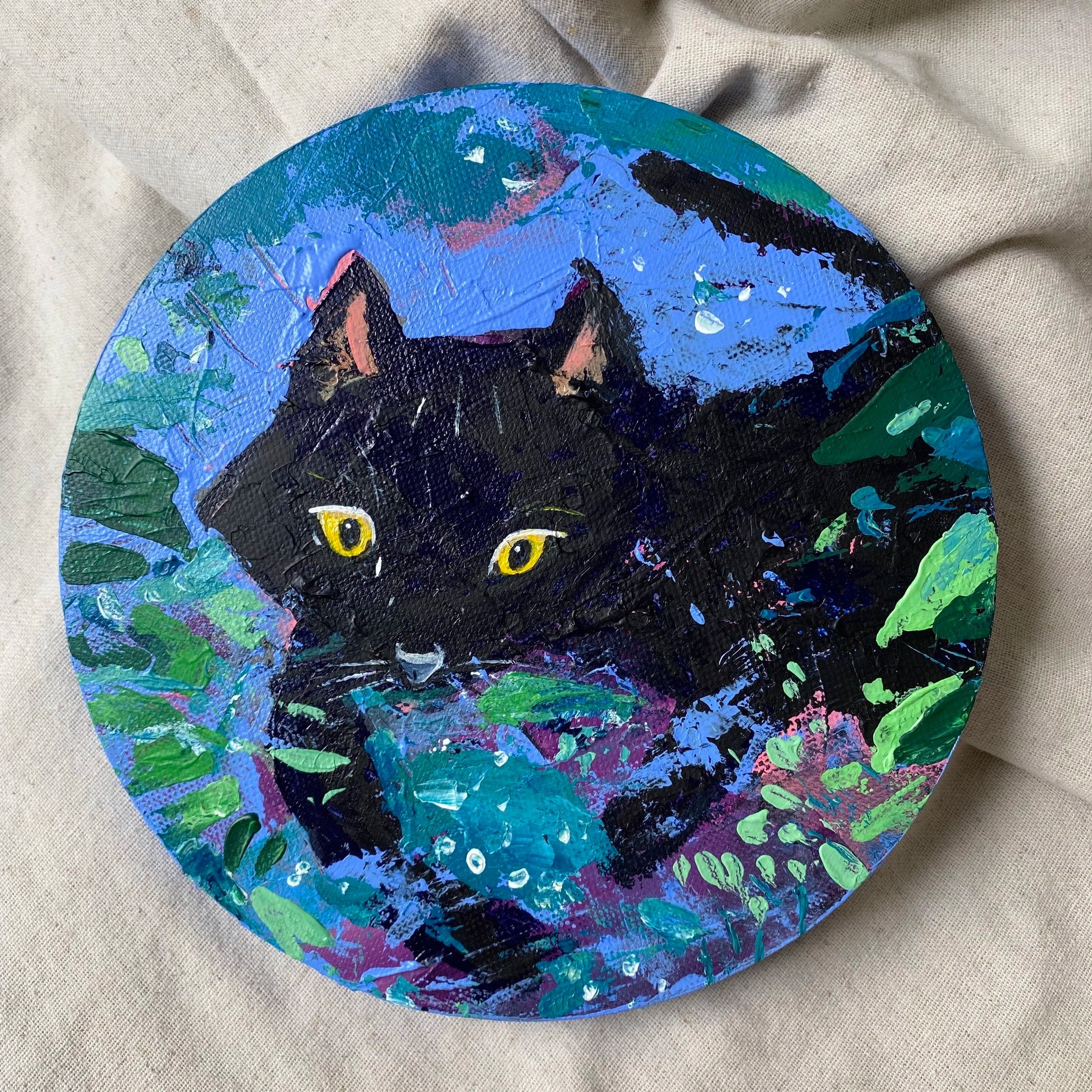 Original Paintings of The Black Cat Collection in 4×4 inch canvas. Hand-made acrylic paintings by Gratian inspired by our amazingly wild Deo The Cat