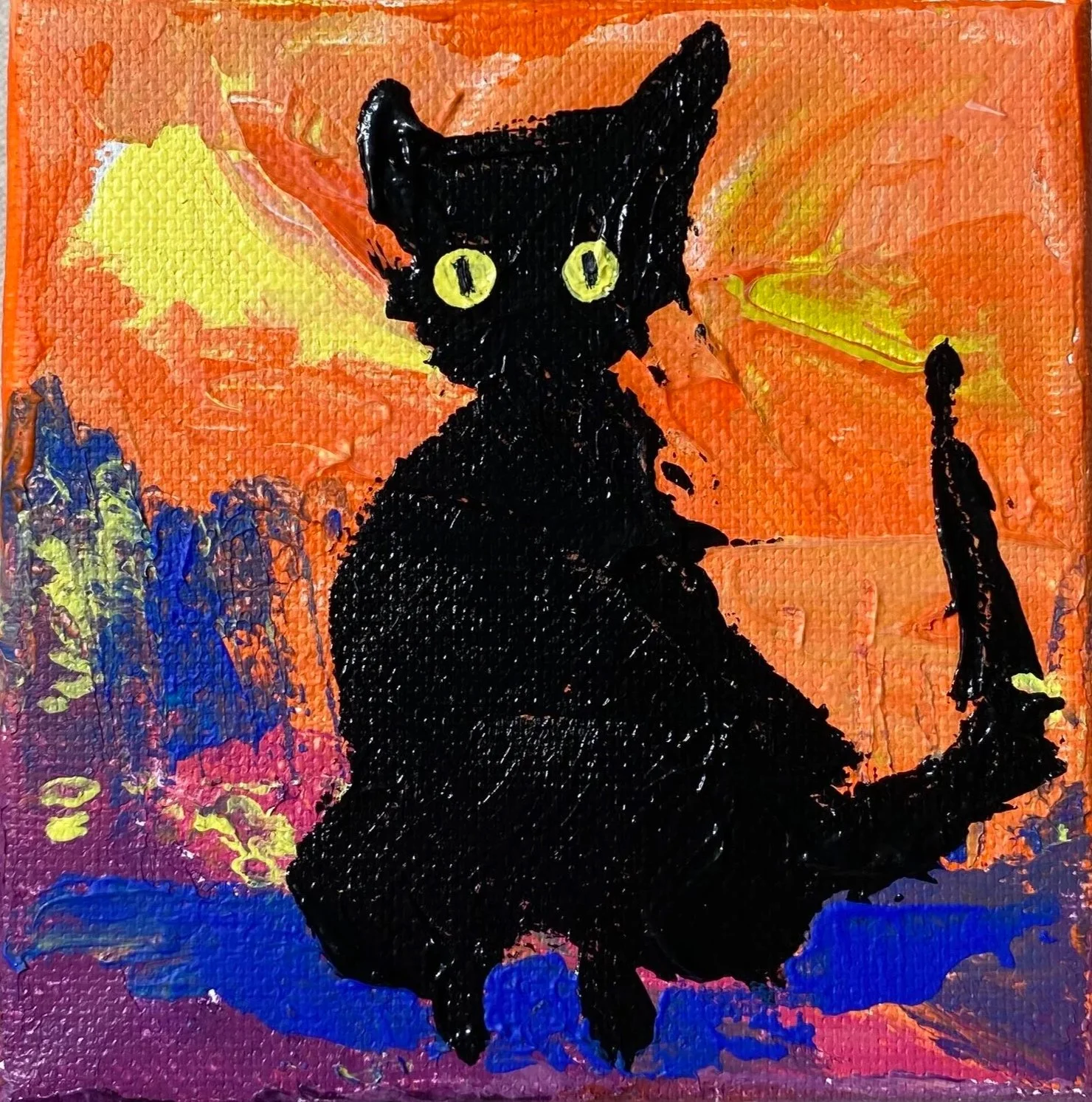 Original Mini Paintings of The Black Cat Collection in 4×4 inch canvas. Hand-made acrylic paintings by Gratian inspired by our amazingly wild Deo The Cat