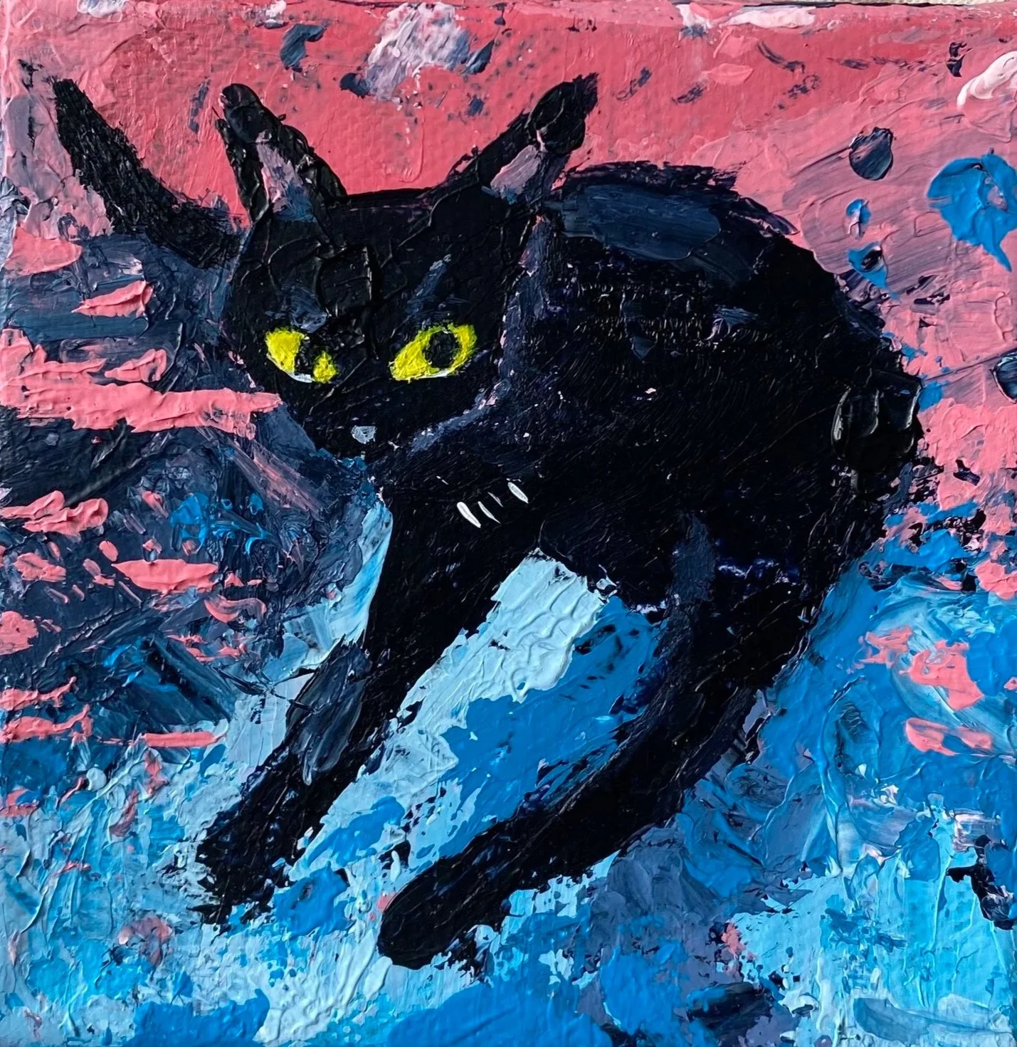 Original Mini Paintings of The Black Cat Collection in 4×4 inch canvas. Hand-made acrylic paintings by Gratian inspired by our amazingly wild Deo The Cat