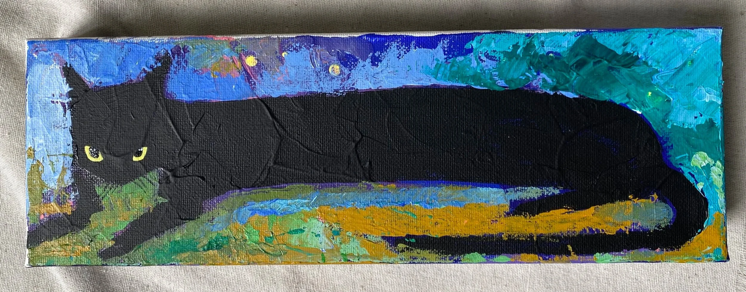 Original Paintings of The Black Cat Collection in 4×4 inch canvas. Hand-made acrylic paintings by Gratian inspired by our amazingly wild Deo The Cat